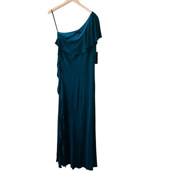 David Meister One Shoulder Ruffle Trim Maxi Dress Size 14 NWT Green - Picture 3 of 11
